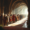 A large crowd of people dressed in medieval-style clothing, including robes, cloaks, and hats, walking in a procession through an ornate, dimly lit cathedral-like structure with arched ceilings and sunlight streaming through the windows.