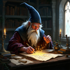 An elderly wizard with a long white beard and pointed hat sits at a desk, surrounded by books and candles, intently studying ancient scrolls and manuscripts.