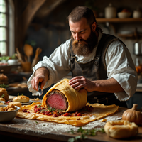 A bearded chef in a rustic kitchen carefully preparing a beef wellington dish, with pastry dough, herbs, and other ingredients visible on the counter.