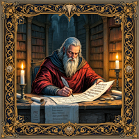 An elderly wizard with a long white beard sits at a desk in a dimly lit library, writing in an ancient tome by candlelight. The room is adorned with ornate, gilded frames and shelves filled with books.