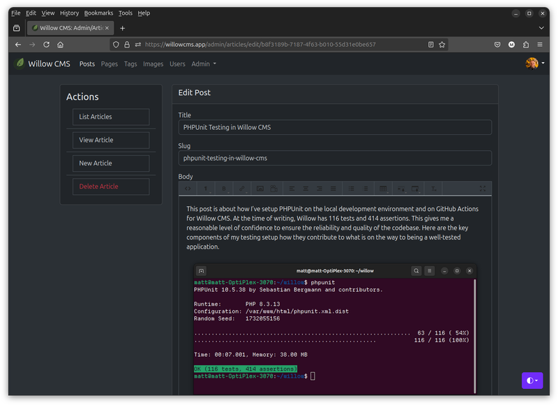 A screenshot of the Willow CMS admin interface, showing an article edit page with details about PHPUnit testing setup for the Willow CMS application.