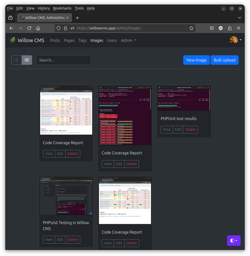 Screenshots of code coverage reports in a content management system dashboard