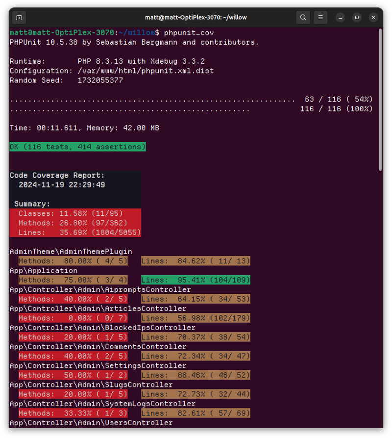 A terminal window displaying a code coverage report for a PHP application, including details about the runtime, configuration, and test results.