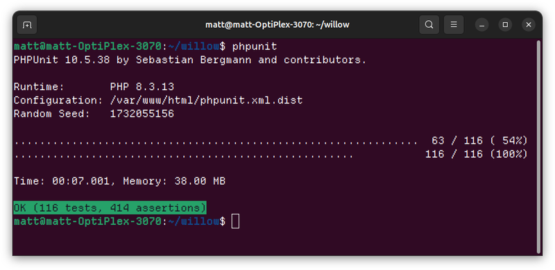 A terminal window displaying the results of a PHPUnit test run, including the runtime, configuration, random seed, and test progress.