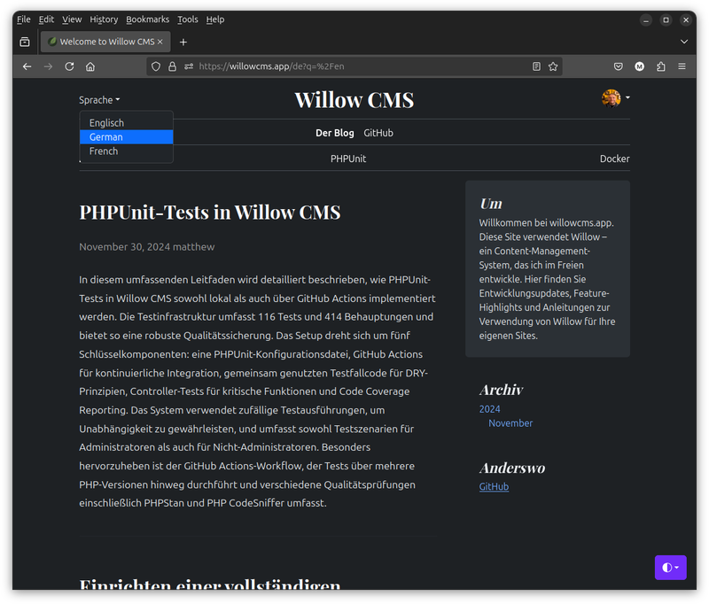 A blog post on the Willow CMS website discussing the implementation of PHPUnit tests in the Willow CMS content management system, including details about the testing infrastructure and various quality assurance measures.