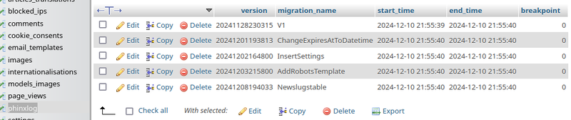 A table displaying information about various data migrations, including version, migration name, start time, end time, and breakpoint.